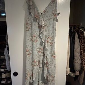 Floral Ruffle Dress in Gray and Pink